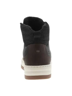 Baskets montantes en divers empiècements de cuir noir à talon plat avec semelle plateforme bicolore