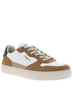 Baskets multisport en cuir blanches et beiges à senelle plate et à lacets plats