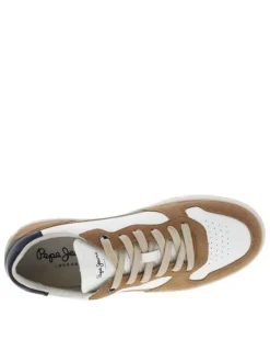 Baskets multisport en cuir blanches et beiges à senelle plate et à lacets plats