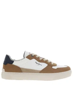 Baskets multisport en cuir blanches et beiges à senelle plate et à lacets plats