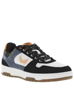Baskets multisports noires et blanches à empiècements et à lacets plats rayés