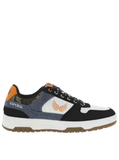 Baskets multisports noires et blanches à empiècements et à lacets plats rayés