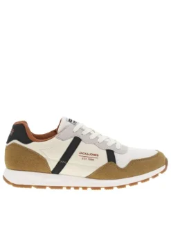 Baskets running beige plates et à lacets plats blancs avec contrefort orange