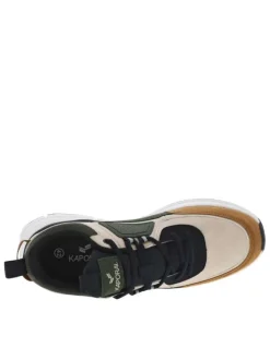 Baskets running beiges et kaki à semelle plate avec lacets ronds bleus et logos