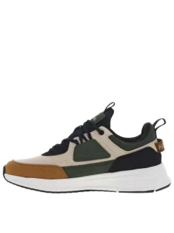 Baskets running beiges et kaki à semelle plate avec lacets ronds bleus et logos
