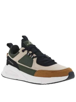Baskets running beiges et kaki à semelle plate avec lacets ronds bleus et logos