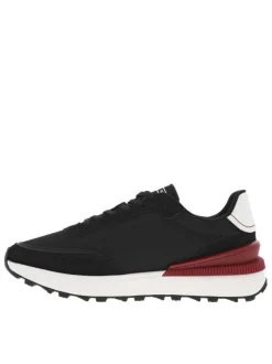 Baskets running bi-matière noires et rouges et à lacets tressés plats
