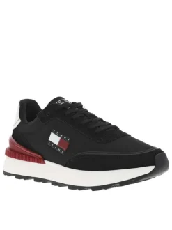 Baskets running bi-matière noires et rouges et à lacets tressés plats
