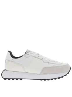 Baskets running blanches et beiges en cuir et toile cirée à lacets plats blancs
