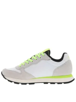 Baskets running blanches et beiges à lacets plats jaune fluorescents