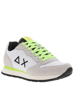 Baskets running blanches et beiges à lacets plats jaune fluorescents