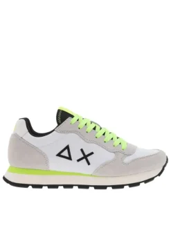 Baskets running blanches et beiges à lacets plats jaune fluorescents