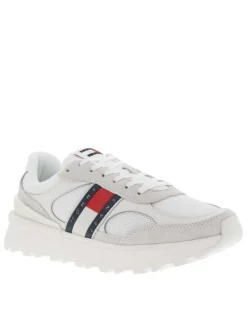 Baskets running blanches plates, à lacets et avec marque cousu sur la languette