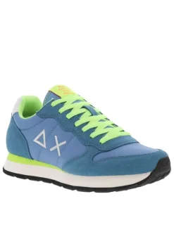 Baskets running bleues et jaunes fluorescentes à semelle plate blanche