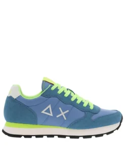 Baskets running bleues et jaunes fluorescentes à semelle plate blanche
