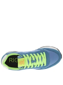 Baskets running bleues et jaunes fluorescentes à semelle plate blanche