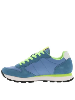 Baskets running bleues et jaunes fluorescentes à semelle plate blanche