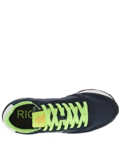 Baskets running bleues marine à lacets plats jaunes fluorescents