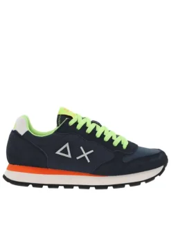 Baskets running bleues marine à lacets plats jaunes fluorescents