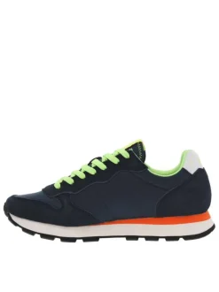 Baskets running bleues marine à lacets plats jaunes fluorescents