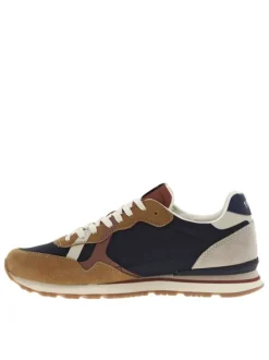 Baskets running en cuir cognac à talon plat avec logo beige et lacets plats