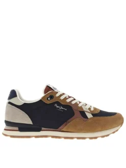 Baskets running en cuir cognac à talon plat avec logo beige et lacets plats