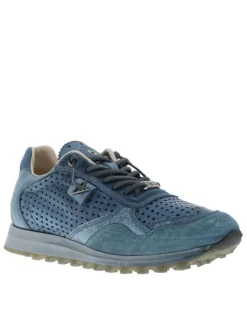 Baskets running en cuir indigo à talon plat avec des aérations sur le pourtour