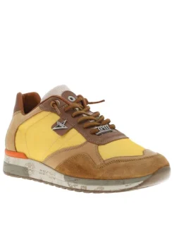 Baskets running en cuir jaune plates et lacets élastiqués ronds avec stoppeur