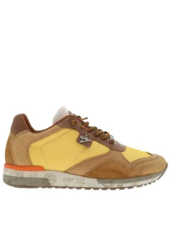 Baskets running en cuir jaune plates et lacets élastiqués ronds avec stoppeur