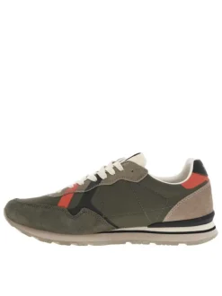 Baskets running en cuir kaki à semelle beige avec lacets plats écrus