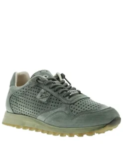 Baskets running en cuir kaki à talon plat avec des aérations sur le pourtour