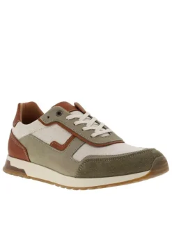 Baskets running en cuir kaki à talon plat avec des lacets écrus