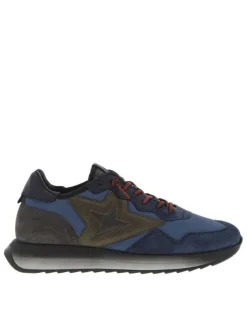 Baskets running en cuir nubuck bleu marine à lacets élastiqués rouges