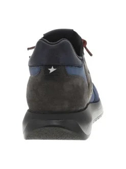 Baskets running en cuir nubuck bleu marine à lacets élastiqués rouges
