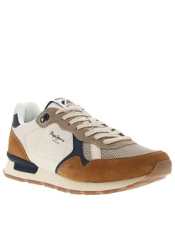 Baskets running en cuir tabac à talon plat avec lacets tressés et logo marine