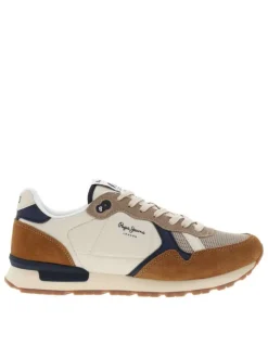 Baskets running en cuir tabac à talon plat avec lacets tressés et logo marine