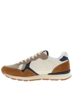 Baskets running en cuir tabac à talon plat avec lacets tressés et logo marine