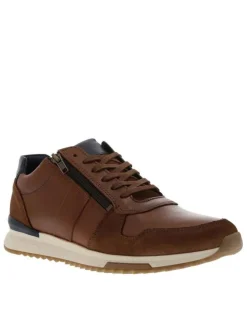 Baskets running en cuir tan à talon plat avec des lacets et un et zip latéral