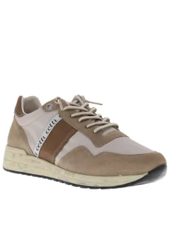 Baskets running en cuir taupe avec des motifs sur la semelle et des lacets ronds