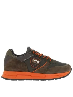 Baskets running en cuir taupe à talon compensé bas et patch de la marque
