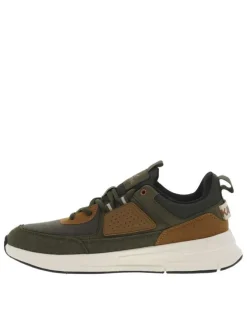Baskets running kaki et marron à semelle blanche avec lacets ronds et logos