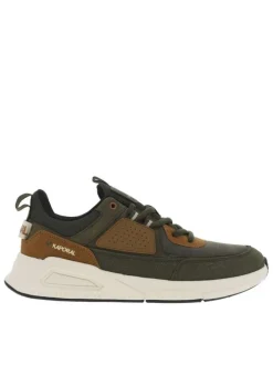 Baskets running kaki et marron à semelle blanche avec lacets ronds et logos