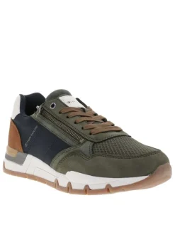Baskets running kaki à semelle plate avec des lacets et un zip latéral