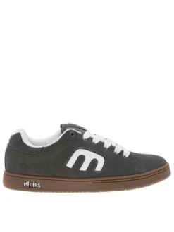 Baskets skate en cuir grises à semelle marron avec logos et à lacets blancs