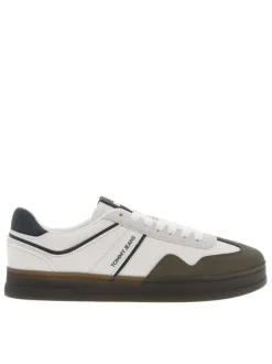 Baskets tennis blanches et kaki à talon plat avec logo et à lacets plats