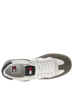 Baskets tennis blanches et kaki à talon plat avec logo et à lacets plats