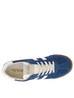 Baskets tennis bleues en cuir avec semelle marron, à lacets plats et logo doré