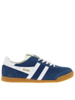 Baskets tennis bleues en cuir avec semelle marron, à lacets plats et logo doré