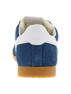 Baskets tennis bleues en cuir avec semelle marron, à lacets plats et logo doré