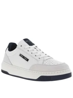 Baskets tennis en cuir blanches avec semelle et chevillière en bleu marine